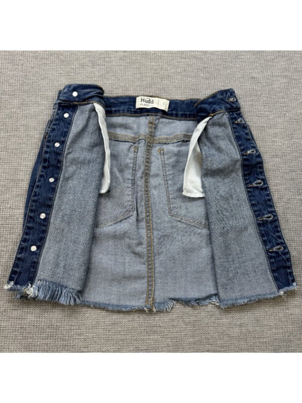 Mudd Denim Skirt Womens Size 1 Blue Distressed Button Front FLX Stretch Raw Hem - Picture 3 of 12